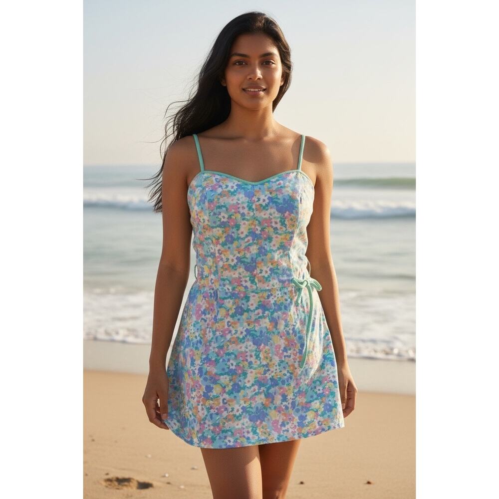 Vintage 1970s 80s Sea Waves women's floral swim dress cottegecore coquette